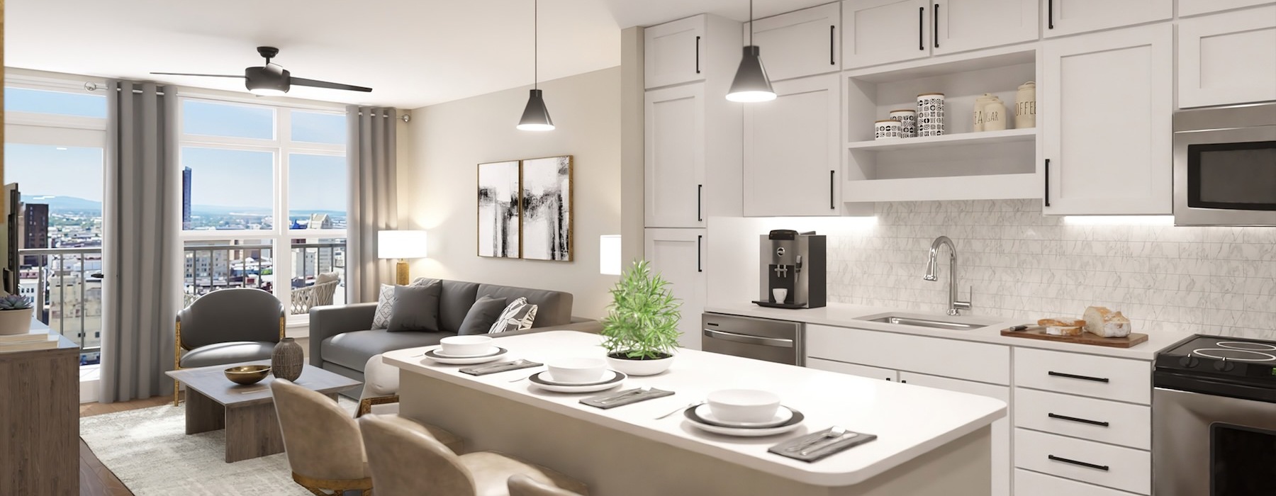a kitchen with an island and chairs