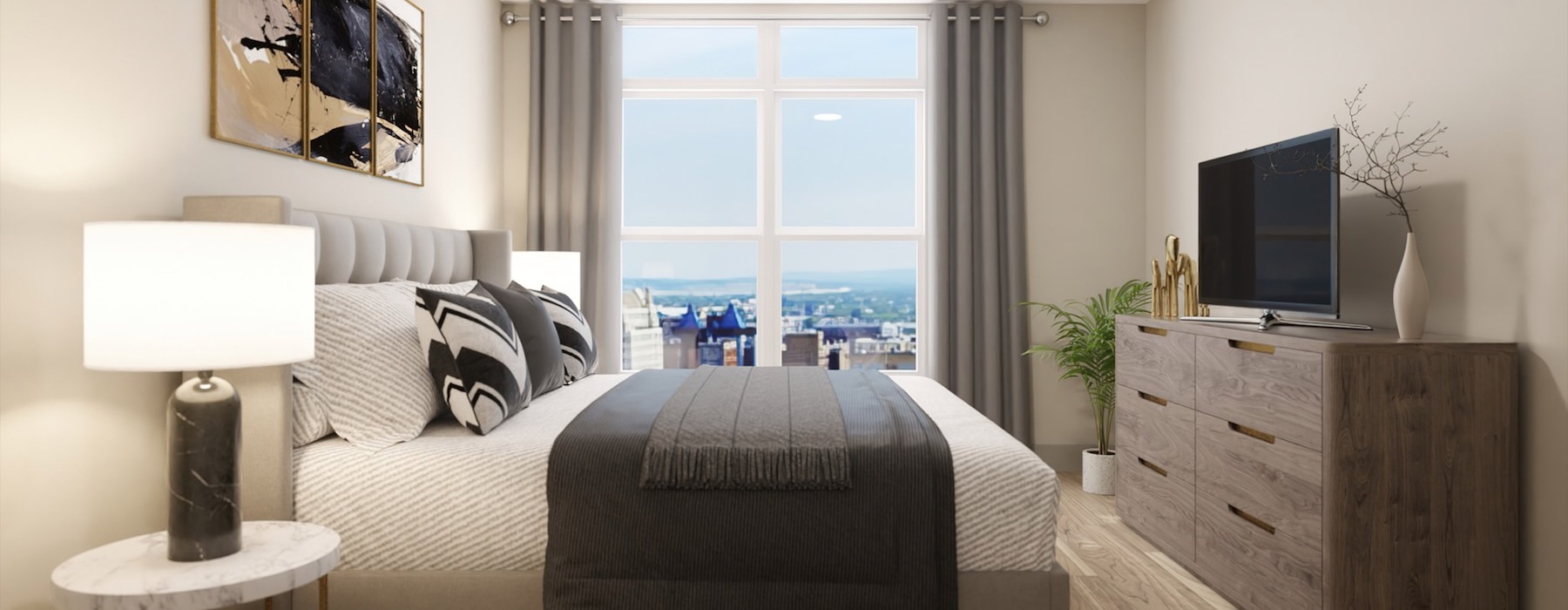 a bedroom with a large window